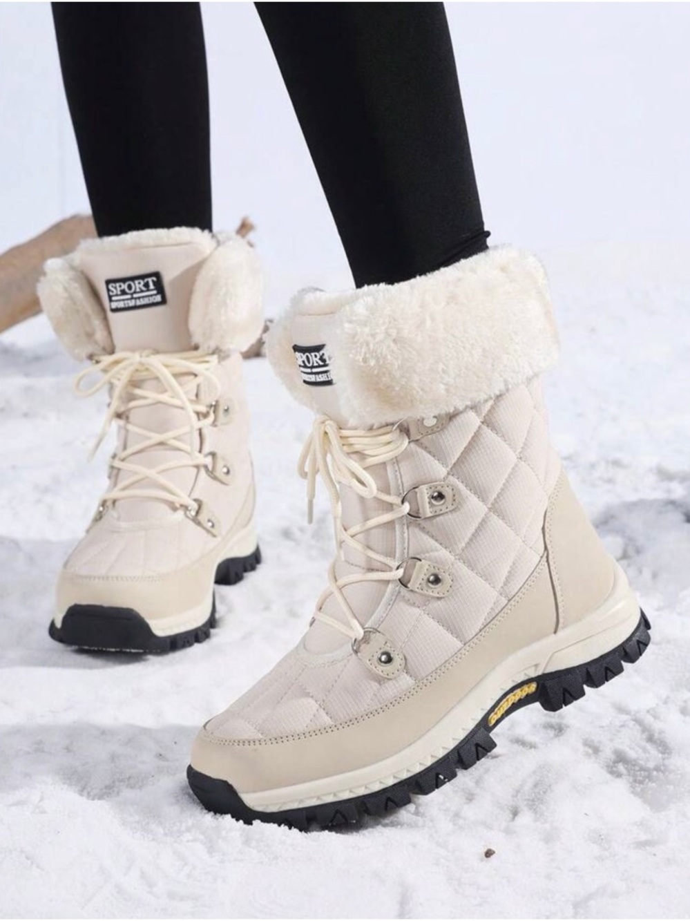 SHEIN Cream Quilted Faux-Fur Lace-Up Winter Boots